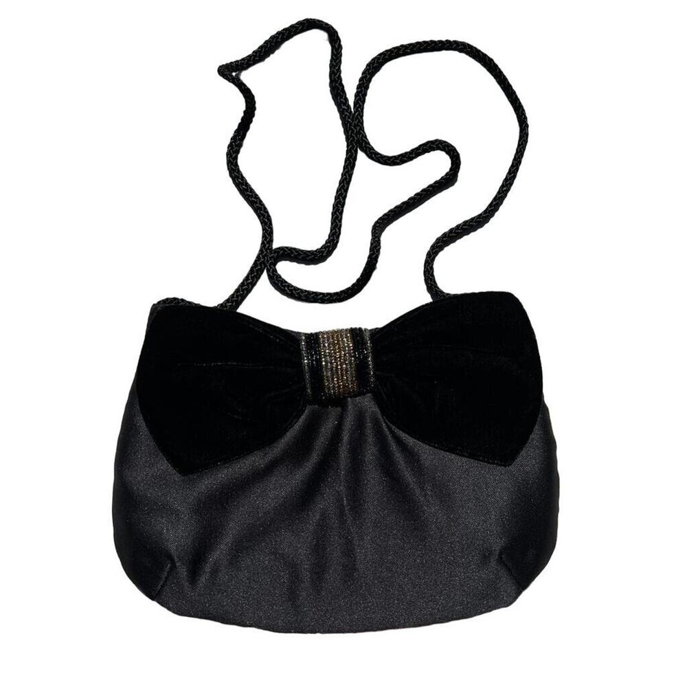 Vintage Avon Evening Bag Velvet and Beaded Bow with Braided Strap Black Formal